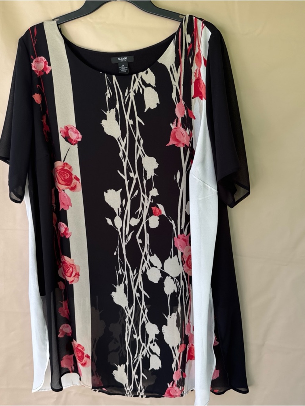 Alfani Black Floral Contrast Panel Tunic with Pink Roses